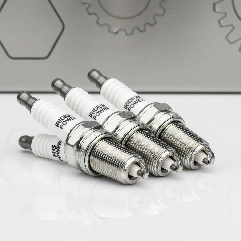 Set of 4 iridium spark plugs on white background with bright studio lighting